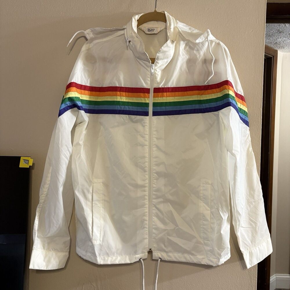 Sound Barrier VTG PRIDE 80's Rainbow Stripe Hooded Windbreaker Jacket Mens Med